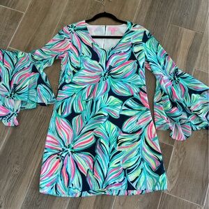 Lilly Pulitzer Navy Floral V-Neck Bell Sleeve Tunic - Pink, Teal & Mint